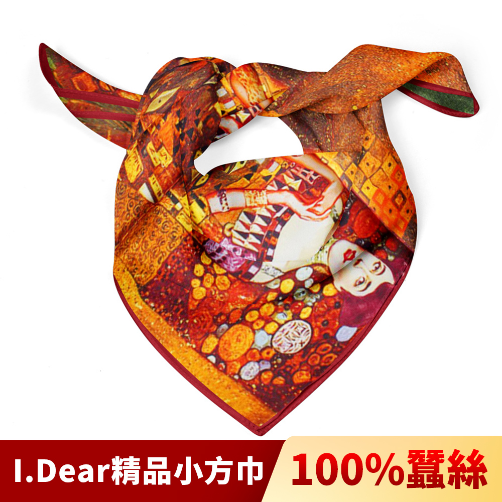 【I.Dear】100%蠶絲歐美圖騰頂級印花真絲領巾小方巾(艾蒂兒-紅)