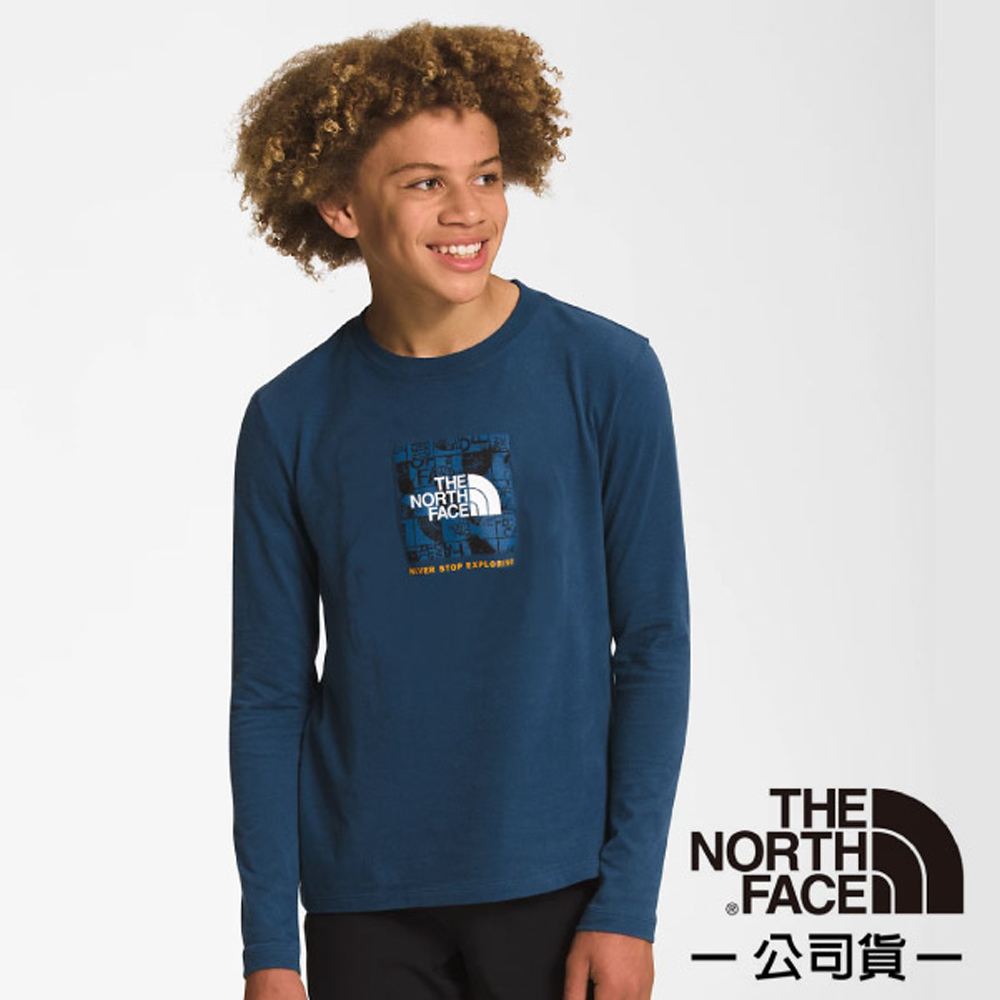 【美國 The North Face】童新款 Graphic Tee 透氣純棉圓領印花長袖T恤/7WOL-HDC 蔭藍