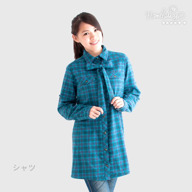 日本namelessage 女款長版格紋保暖襯衫(土耳其藍/咖啡)_22W34