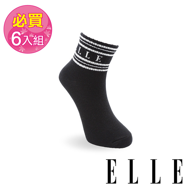 ELLE 1﹧2少女條紋休閒短襪6入組(黑)