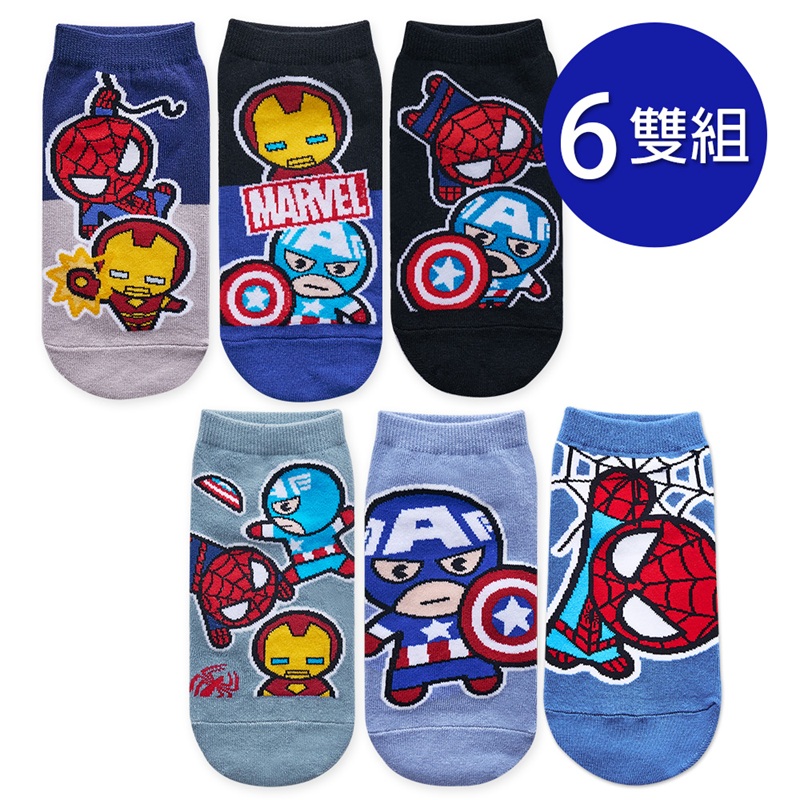 Marvel 蜘蛛人直版襪 鋼鐵人短襪 15-22/22-26cm-6雙組(ML-A585~ML-A590)