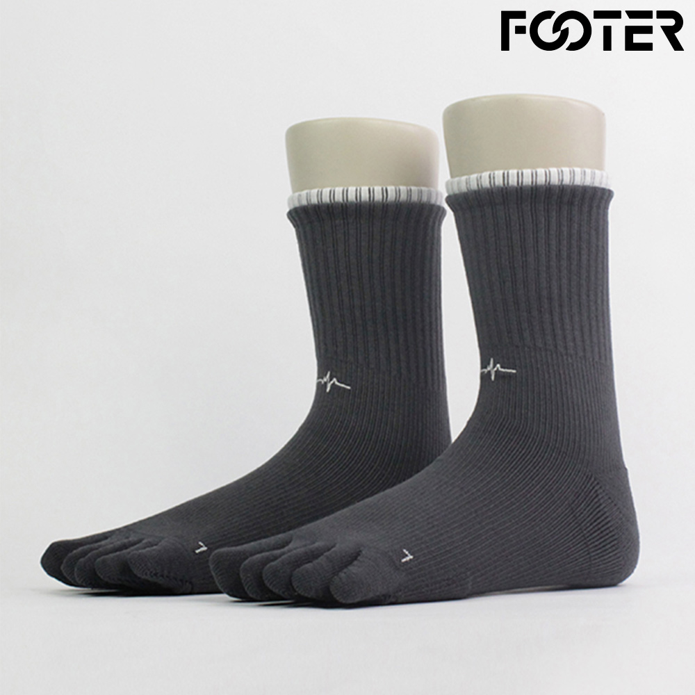 【FOOTER除臭襪】刺繡輕壓力高筒五趾襪(F02-灰色)