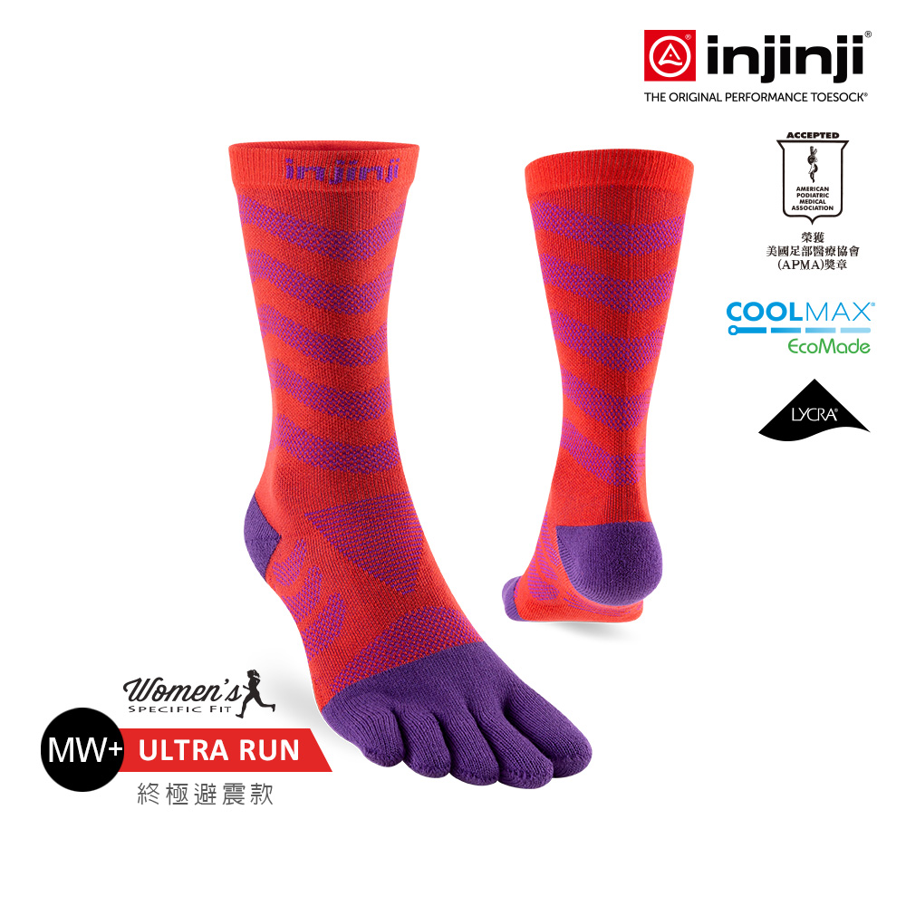 【injinji】女 Ultra Run終極系列五趾中筒襪(華麗紅紫)-WAA6877|吸濕排汗 推薦女生 避震緩衝