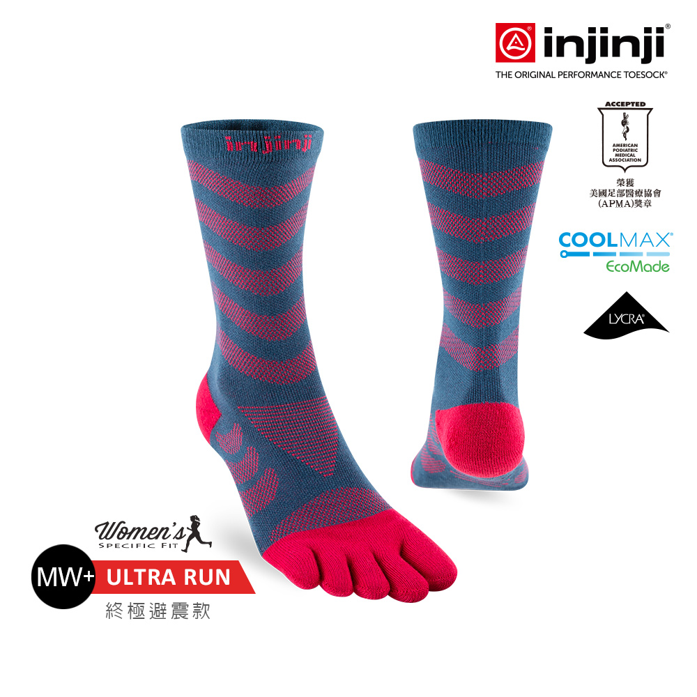【injinji】女 Ultra Run終極系列五趾中筒襪(莓果紅)-WAA6804|吸濕排汗 推薦女生 避震 馬拉松