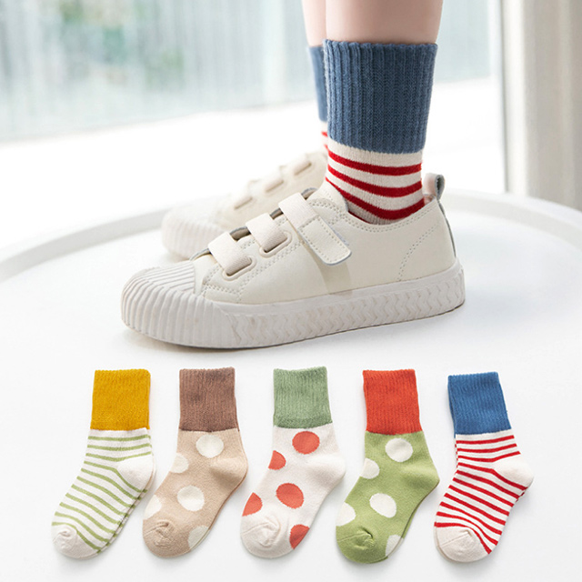 【優貝選】舒適學生童襪5入套組-拼接條紋點點