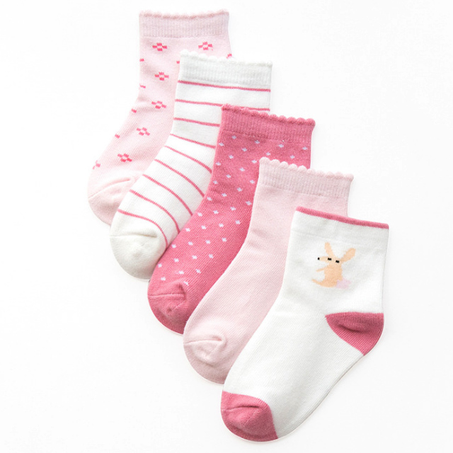 【優貝選】童趣/條紋 百搭舒適學生童襪5入組-粉色小花套組