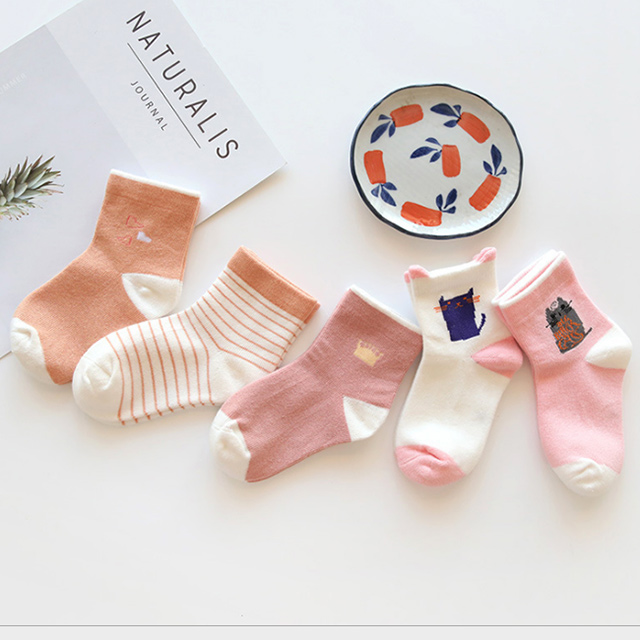 【優貝選】童趣/條紋 百搭舒適學生童襪5入組-粉色貓咪套組