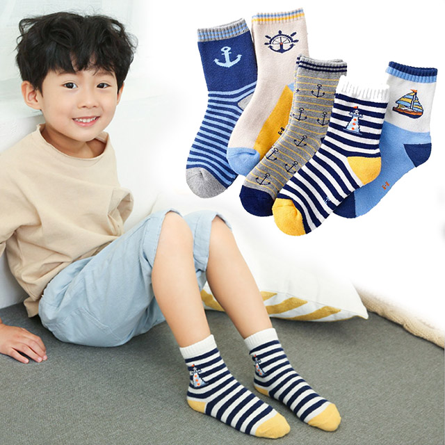 【優貝選】舒適學生童襪5入套組-船錨燈塔