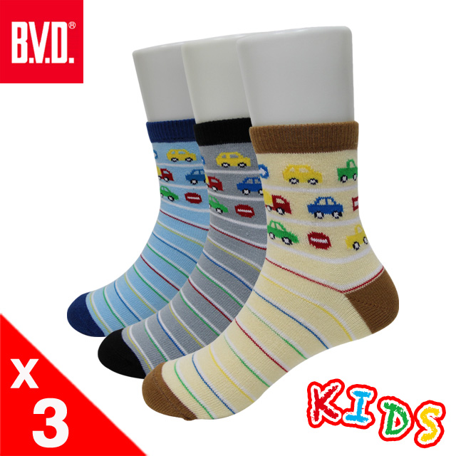 BVD汽車條紋1/2童襪3雙組