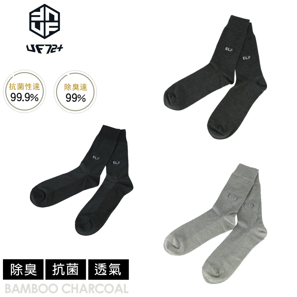 [UF72 三入組/UF5023/(24-26)elf除臭竹炭刺繡條紋中統紳士襪