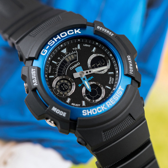 G-SHOCK 衝鋒戰士運動概念錶-黑x藍-AW-591-2ADR