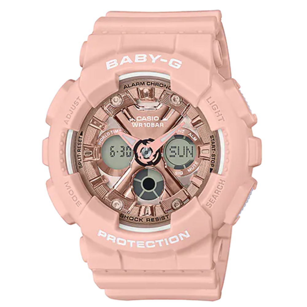 BABY-G 時尚全能三眼液晶雙顯錶-甜美粉(BA-130-4A)