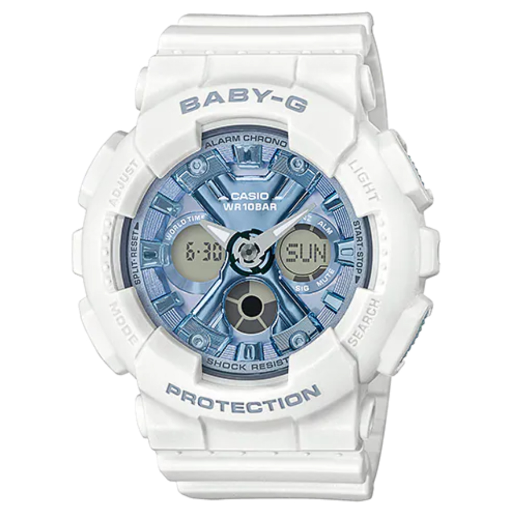 BABY-G 時尚全能三眼液晶雙顯錶-白X藍面(BA-130-7A2)
