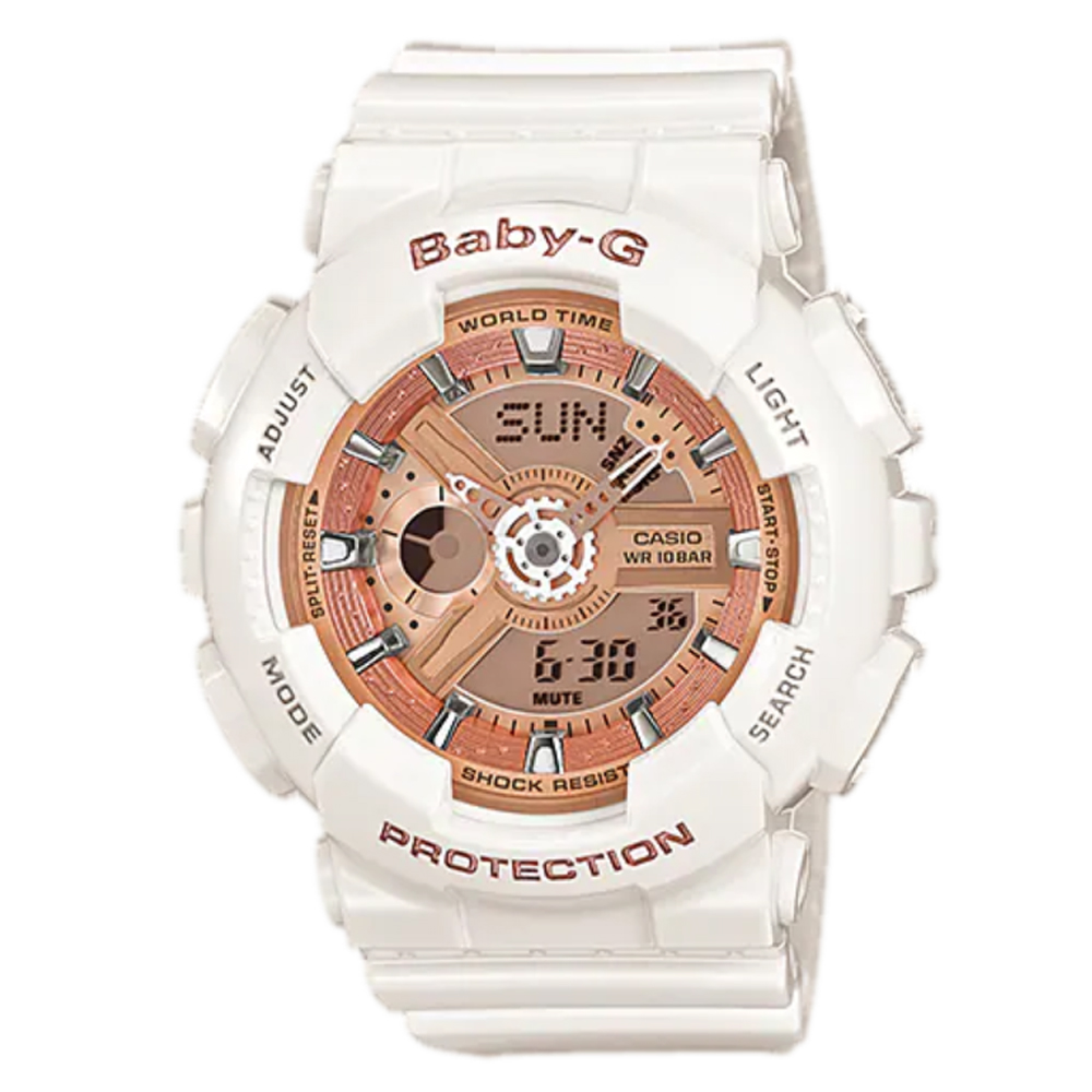 BABY-G 街頭層次多變率性風格雙顯休閒錶-雪白x玫瑰金版(BA-110-7A1)
