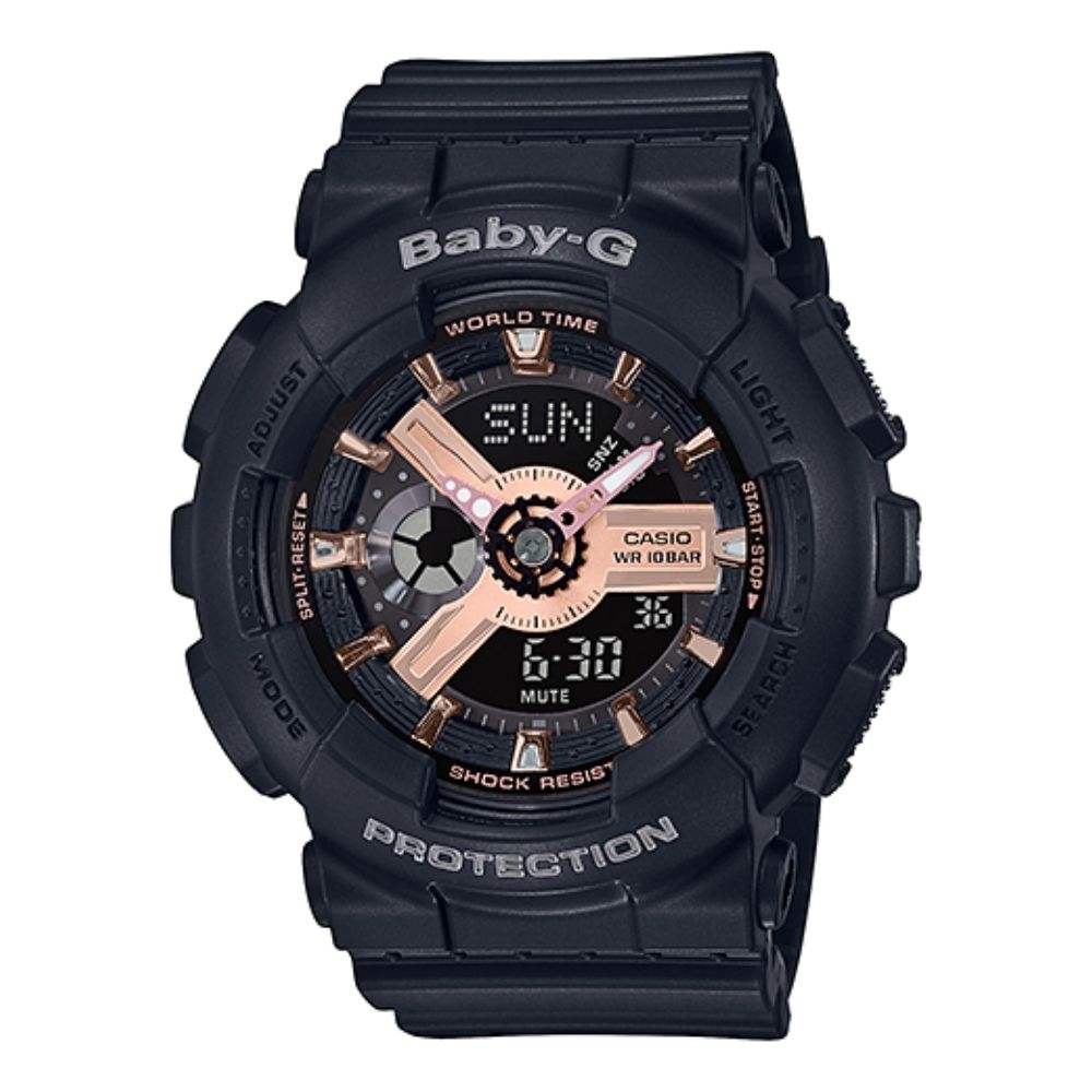 【CASIO】BABY-G 柔美氣質玫瑰金休閒雙顯錶-黑(BA-110RG-1A)