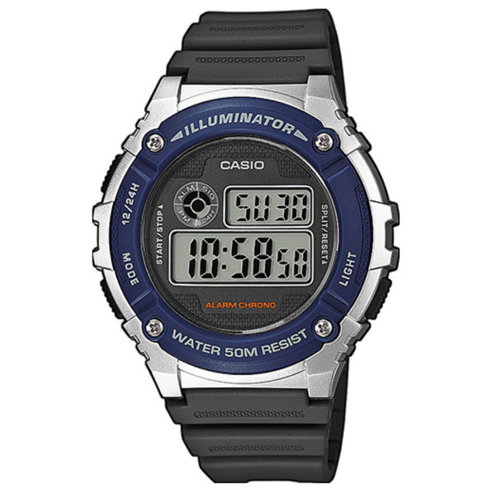 CASIO 簡約造型活力十足數位休閒錶-灰/藍框 W-216H-2A