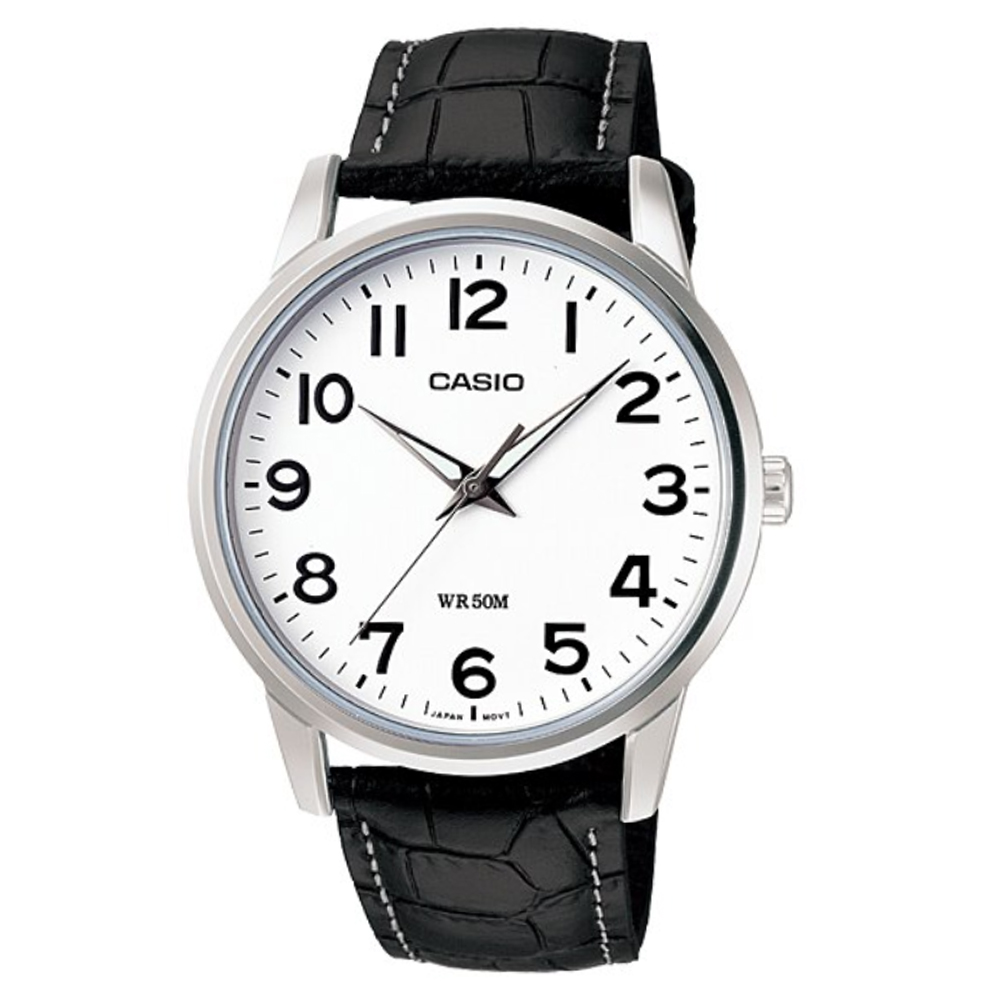 【CASIO】 簡潔俐落真皮錶帶紳士錶-數字白面 (MTP-1303L-7B)