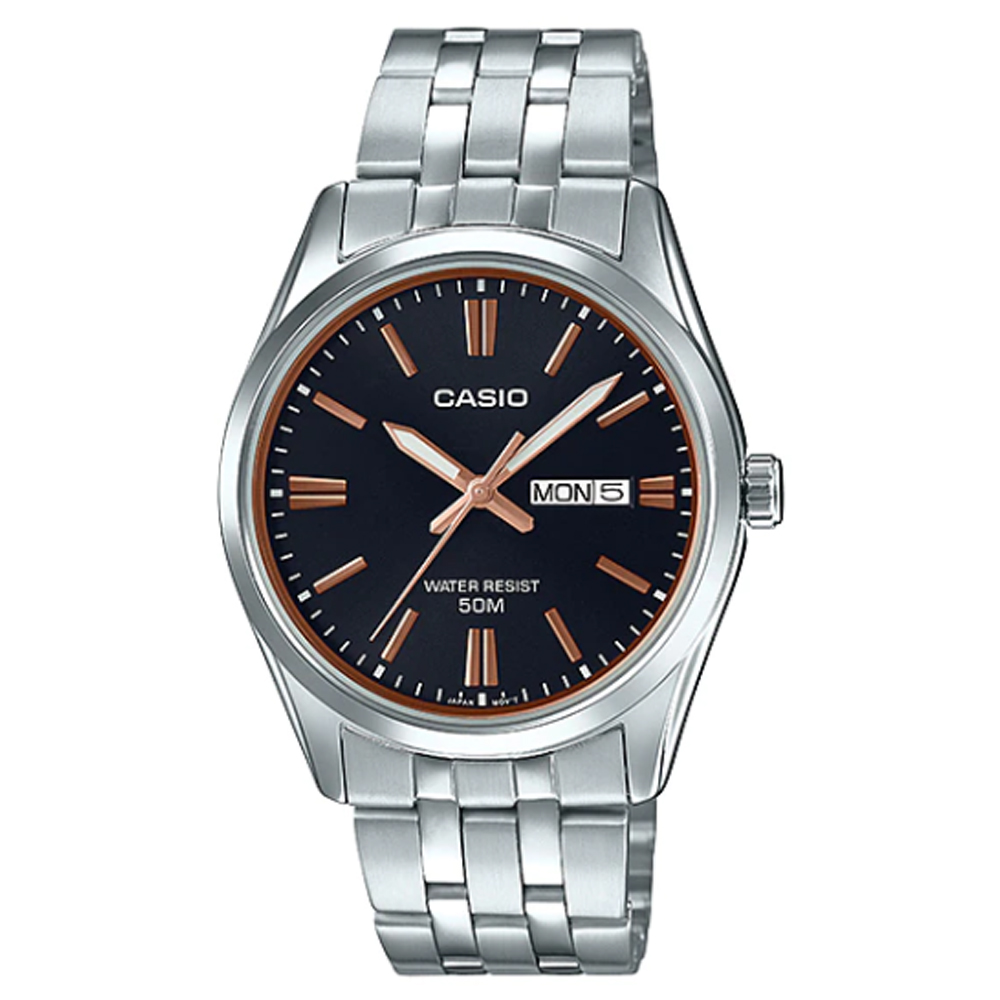 【CASIO 】大時標日期星期顯示不鏽鋼腕錶-黑X金(MTP-1335D-1A2)