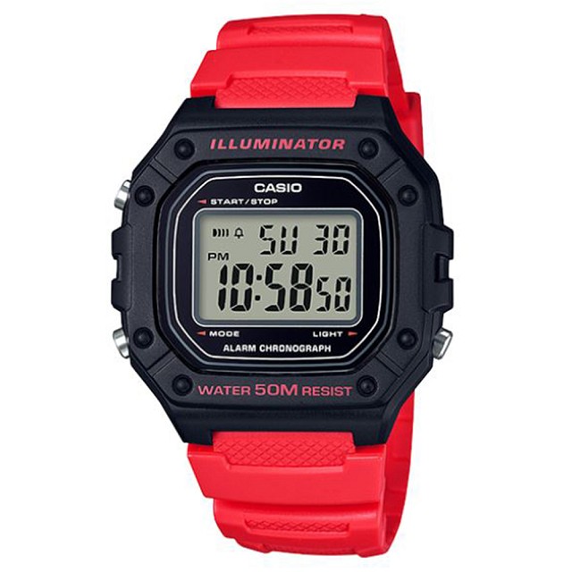 【CASIO 】大錶面清晰數位電子運動錶-紅 (W-218H-4B)