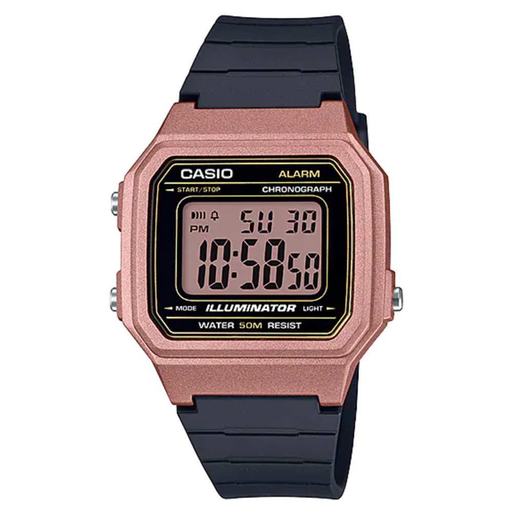 【CASIO 】方形十年電力金屬造型電子腕錶-玫瑰金(W-217HM-5A)