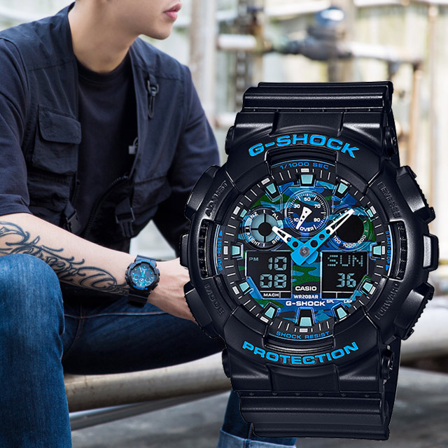 G-SHOCK 強悍迷彩潮流雙顯錶-藍迷彩(GA-100CB-1ADR)