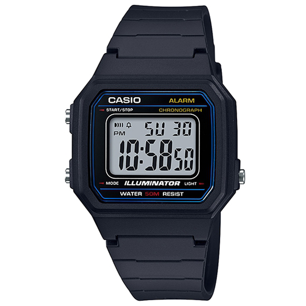 【CASIO】 電力『十』足 個性方形休閒電子錶-黑X白面藍框 (W-217H-1A)