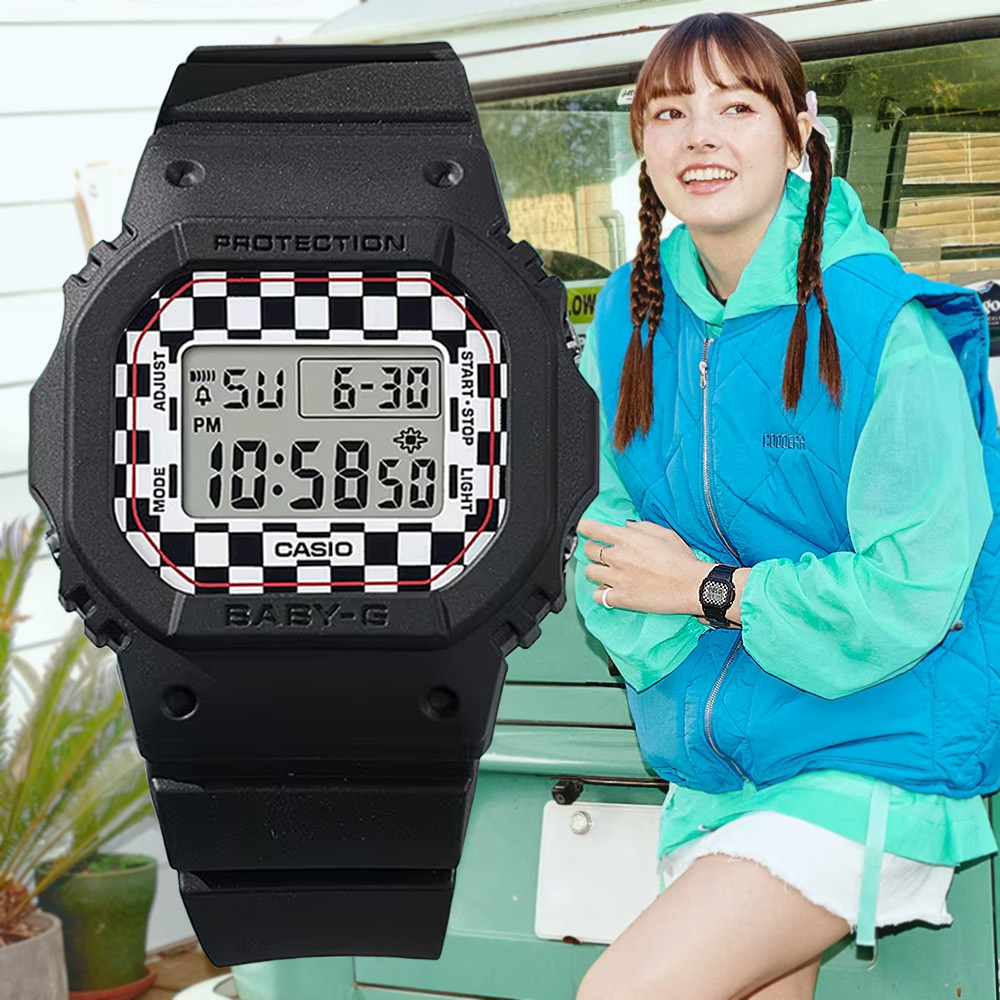 CASIO 卡西歐 BABY-G 滑板文化 酷炫格子旗 精巧纖薄方形電子錶-黑色 BGD-565GS-1