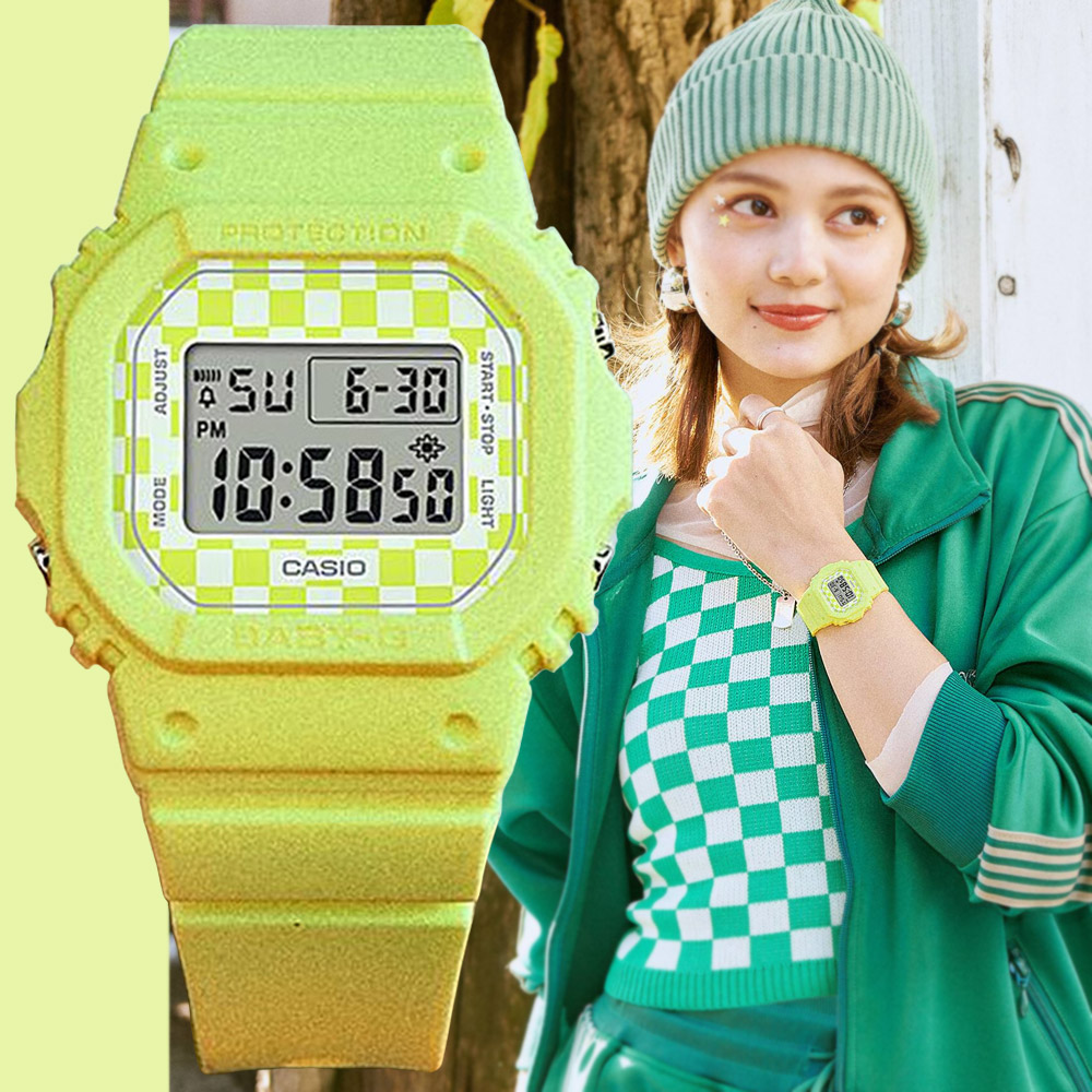 CASIO 卡西歐 BABY-G 滑板文化 酷炫格子旗 精巧纖薄方形電子錶-螢光黃 BGD-565GS-9