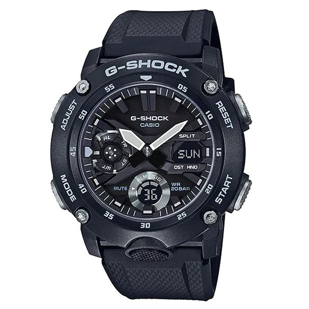 【CASIO】G-SHOCK 碳纖維核心防護設計潮流休閒錶-率性黑(GA-2000S-1A)