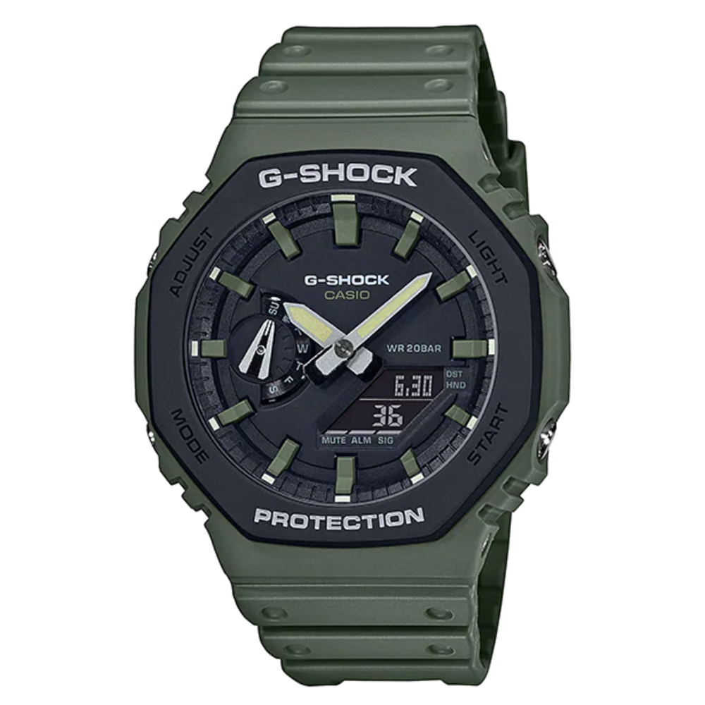 【CASIO】G-SHOCK 亮眼配色八角雙顯錶-軍綠X黑 (GA-2110SU-3A)