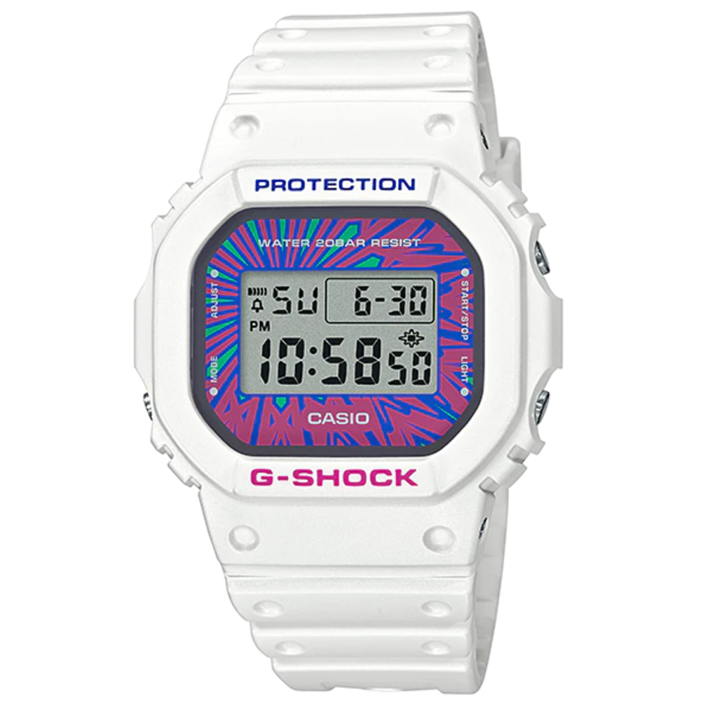 【CASIO】G-SHOCK 經典方形設計繽紛錶盤休閒錶-白 (DW-5600DN-7)