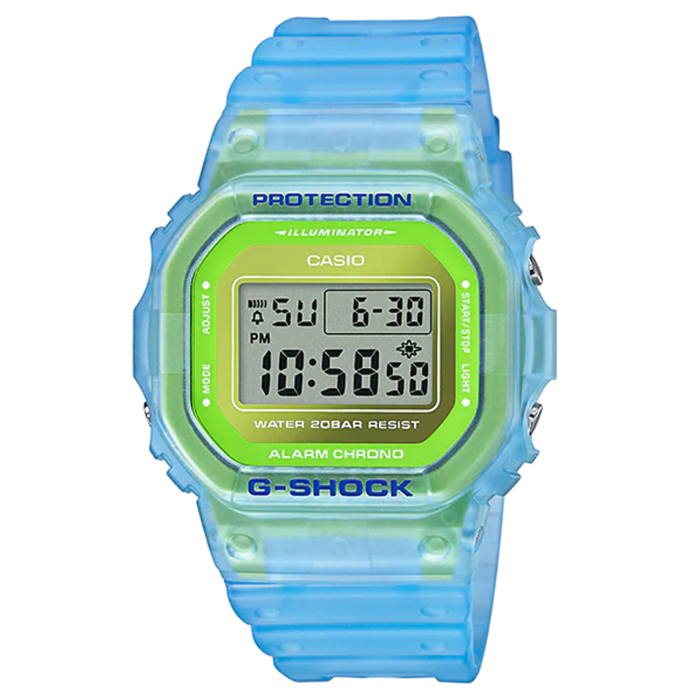 【CASIO】G-SHOCK 經典方形設計螢光透視休閒錶-藍綠 (DW-5600LS-2)