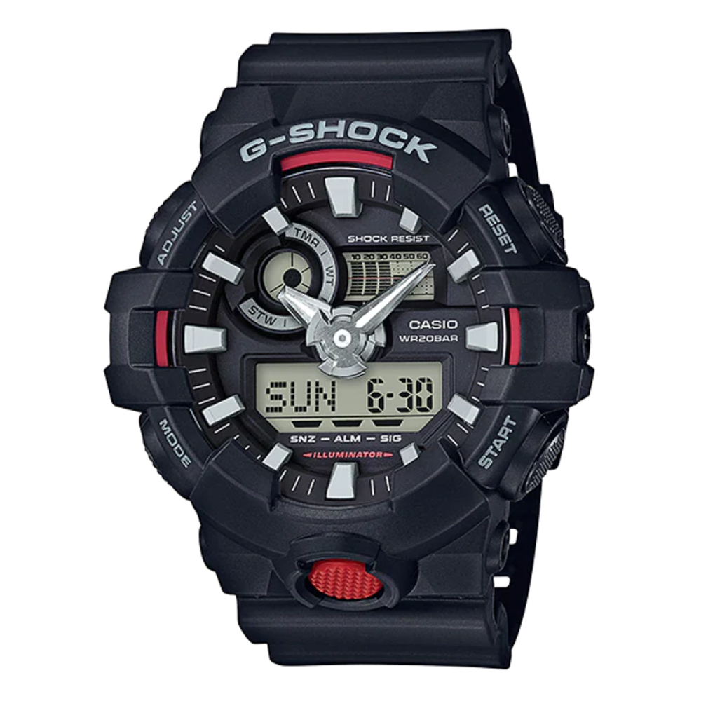 G-SHOCK 絕對強悍黑與紅雙色系列搶眼視覺雙顯錶 GA-700-1A