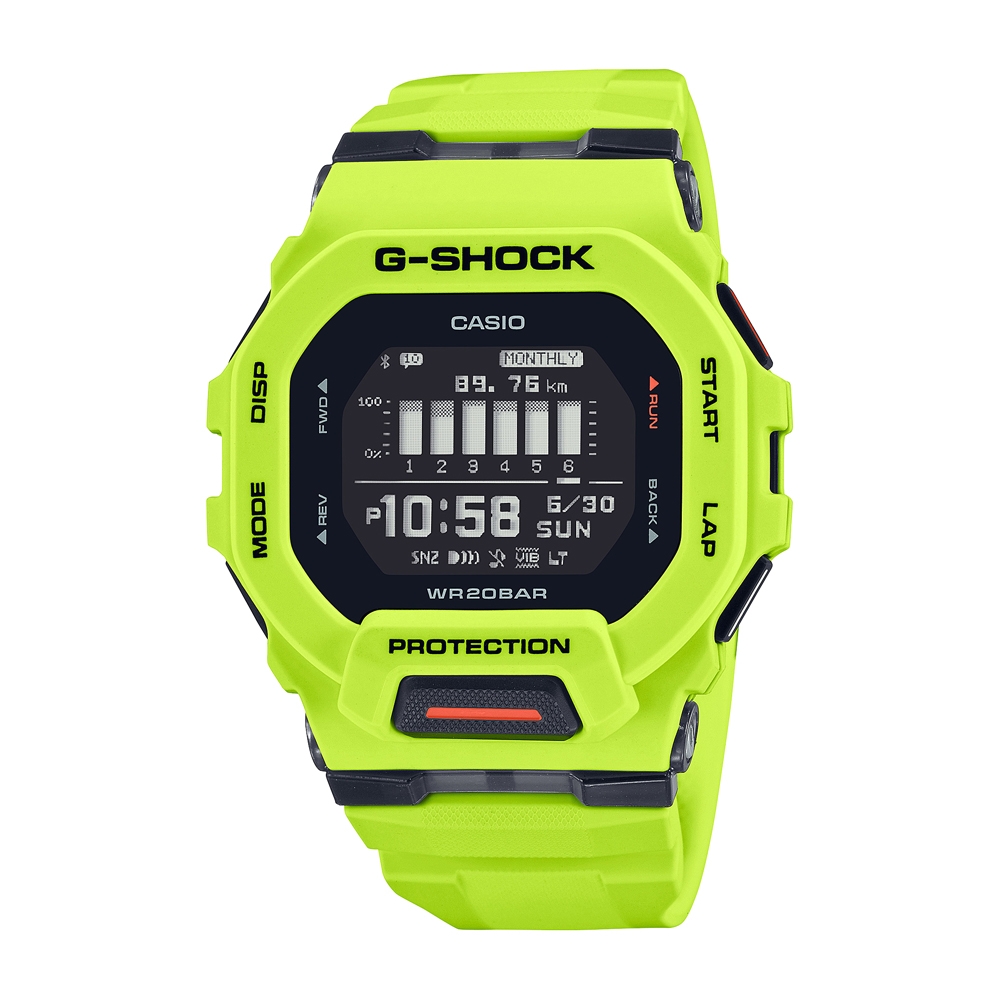 CASIO 卡西歐 G-SHOCK 都市街頭風格計步藍芽運動電子錶-黑面x螢光黃綠色(GBD-200-9)