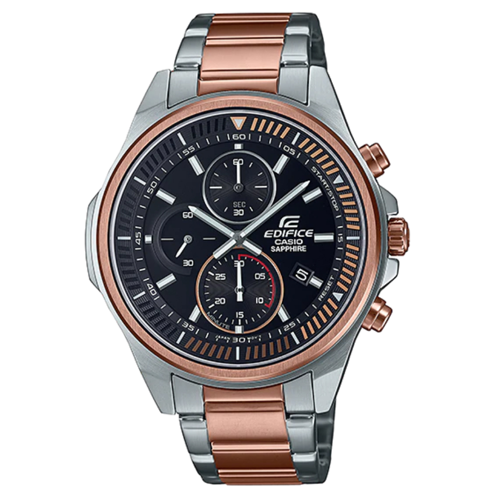 【CASIO】EDIFICE 簡約三針三眼運動感計時藍寶石玻璃腕錶-玫瑰金x黑(EFR-S572GS-1A)