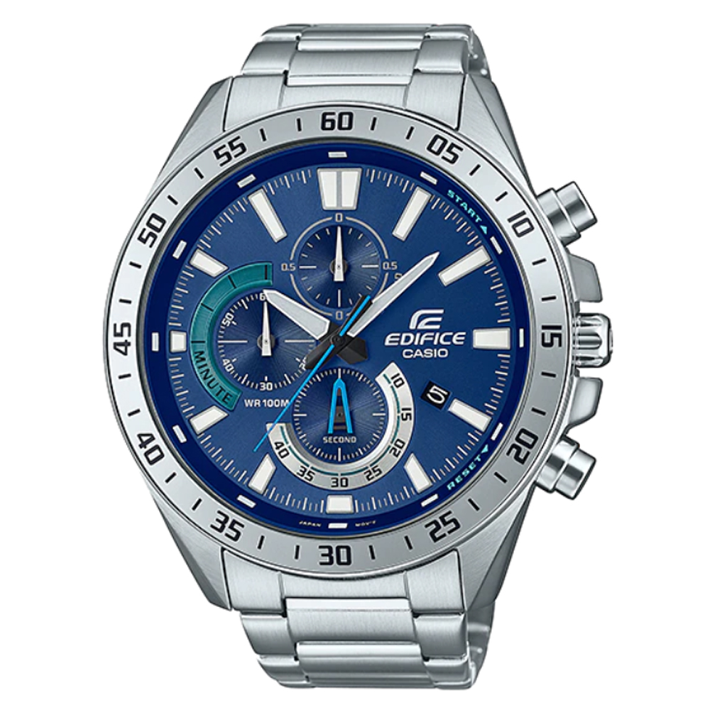【CASIO】EDIFICE 簡約經典三眼三針大錶盤紳士腕錶-銀X藍(EFV-620D-2A)