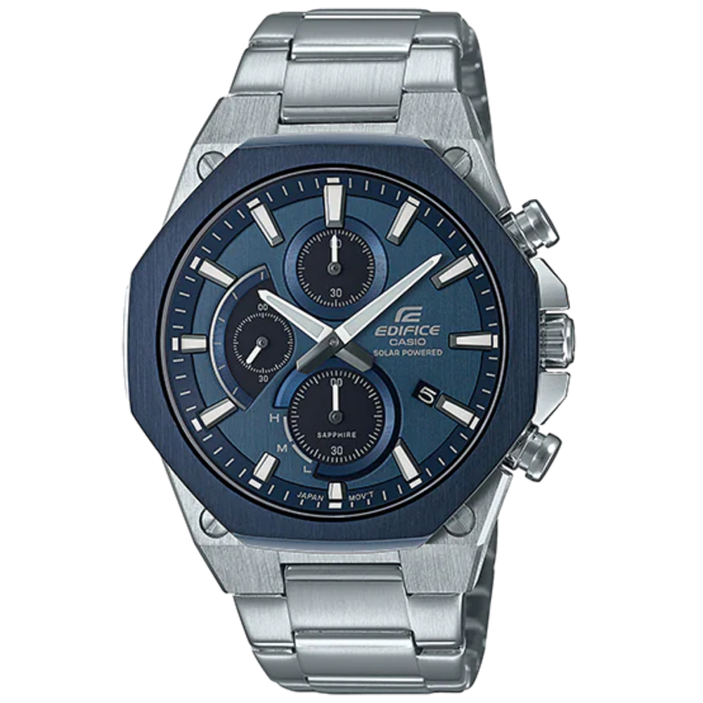 【CASIO】EDIFICE 八角錶圈髮絲紋設計輕薄太陽能不鏽鋼腕錶(EFS-S570DB-2A)黑面X靛藍框