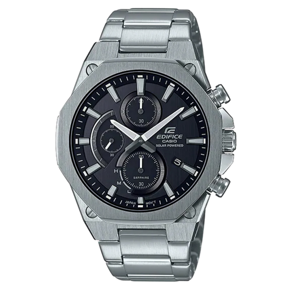 【CASIO】EDIFICE 八角錶圈髮絲紋設計輕薄太陽能不鏽鋼腕錶(EFS-S570D-1A)黑面X銀框