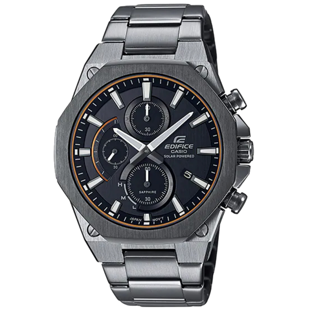 【CASIO】EDIFICE 八角錶圈髮絲紋設計輕薄太陽能不鏽鋼腕錶(EFS-S570DC-1A)黑面X灰黑框