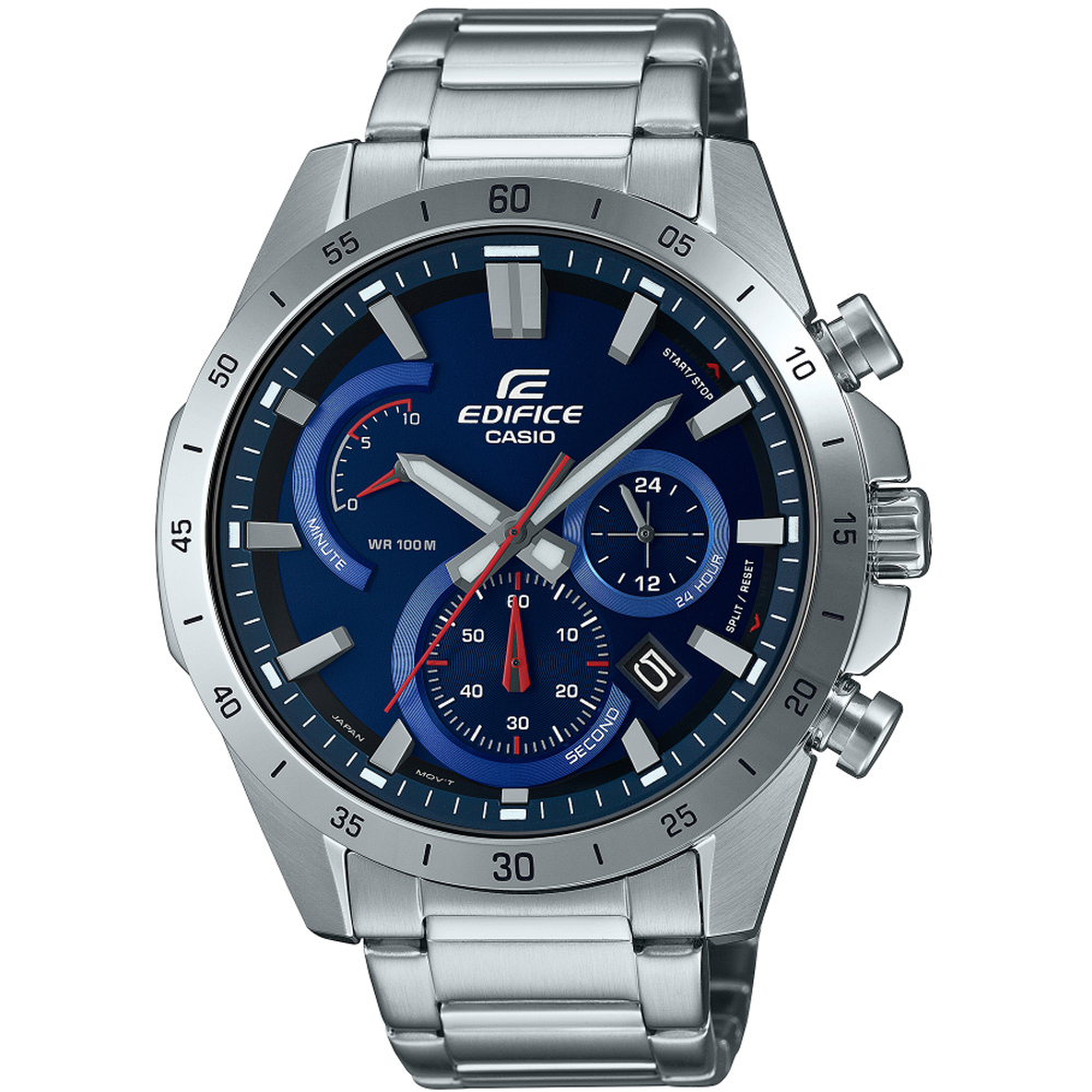 【CASIO】EDIFICE 簡約三針三眼運動感時尚腕錶-銀X藍(EFR-573D-2A)