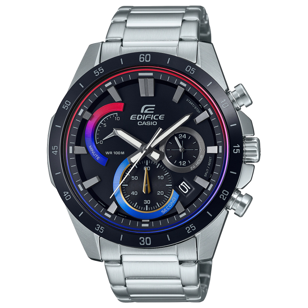 【CASIO】EDIFICE 簡約三針三眼運動感時尚腕錶-銀X漸層(EFR-573HG-1A)