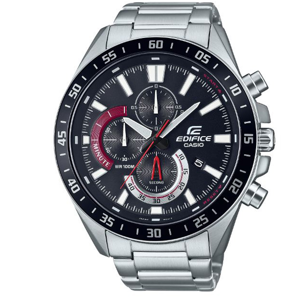 【CASIO】EDIFICE 簡約經典三眼三針大錶盤紳士不鏽鋼腕錶-黑面x紅小框(EFV-620D-1A4)