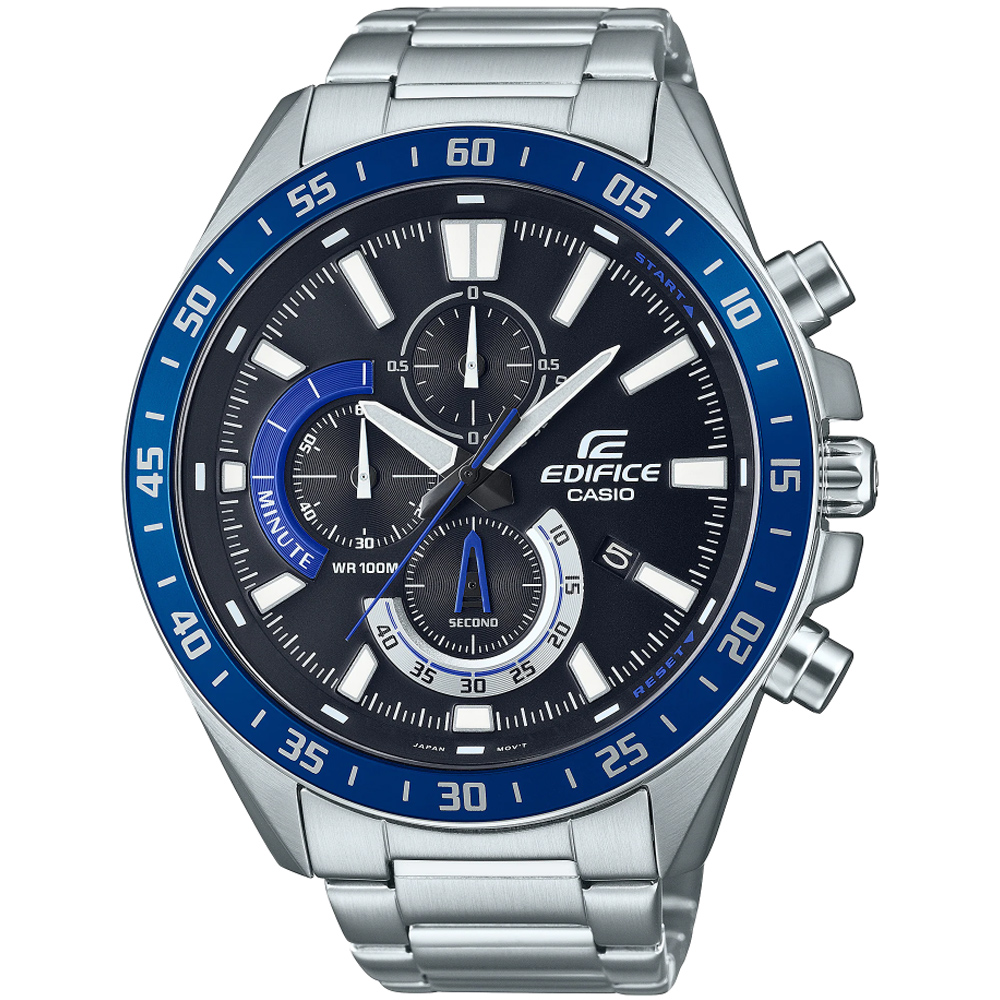【CASIO】EDIFICE 簡約經典三眼三針大錶盤紳士不鏽鋼腕錶-黑面X籃框(EFV-620D-1A2)