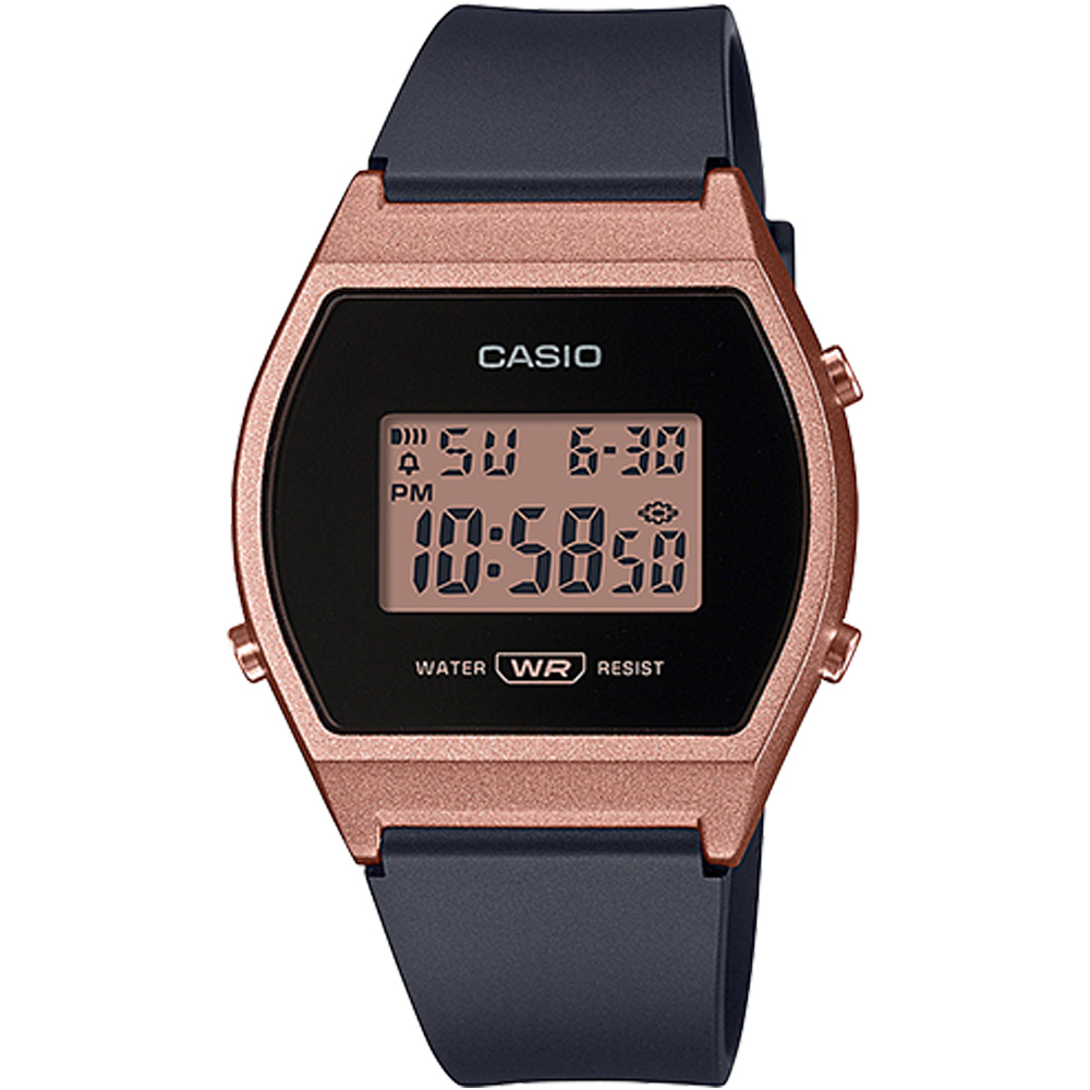 【CASIO】酒桶造型仿復古款數位休閒錶 (LW-204-1A)黑X玫瑰金框