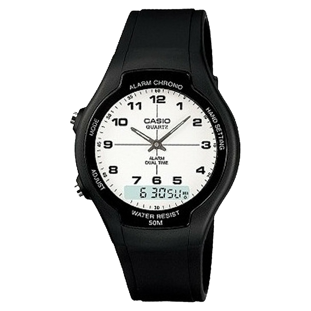 CASIO 酷炫經典指針雙顯錶-數字白面(AW-90H-7B)