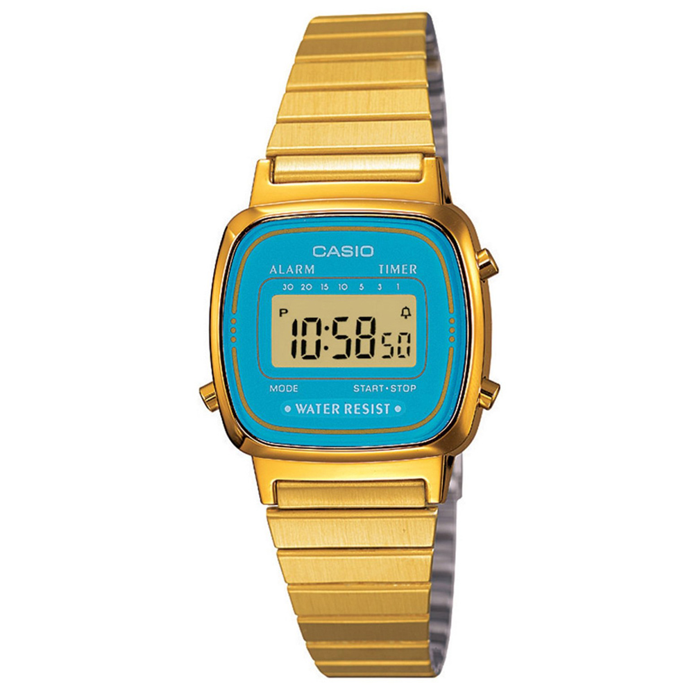 CASIO 復古風金色電子錶-水藍框