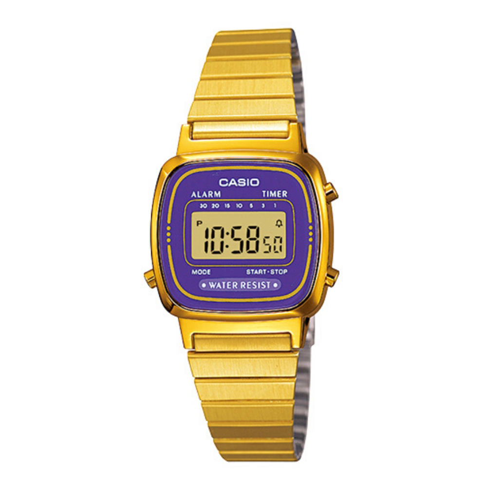 CASIO 復古風金色電子錶-紫色框