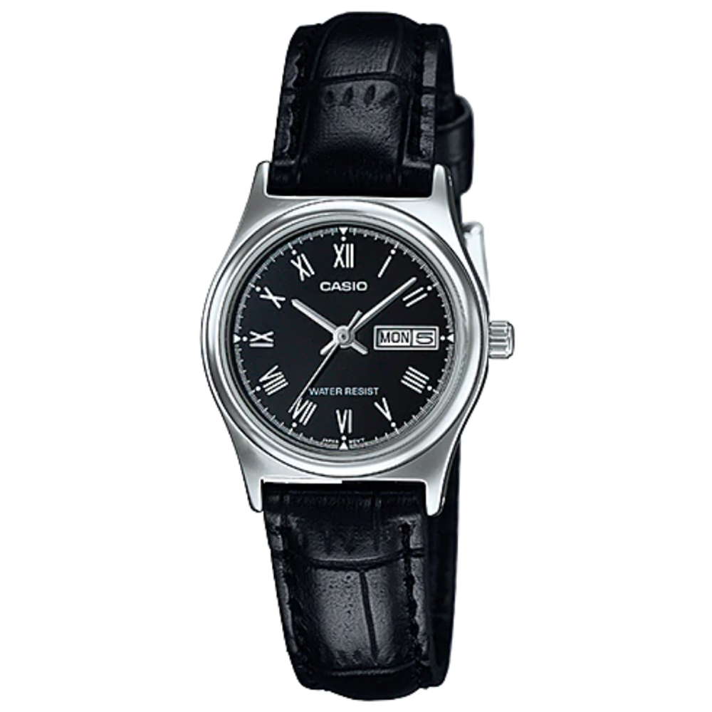 【CASIO】經典日期星期顯示窗皮帶腕錶-黑(LTP-V006L-1B)