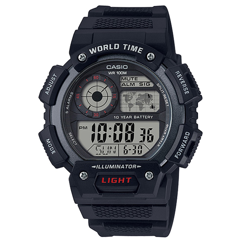 【CASIO】10年電力世界地圖運動數位電子錶-黑(AE-1400WH-1A)