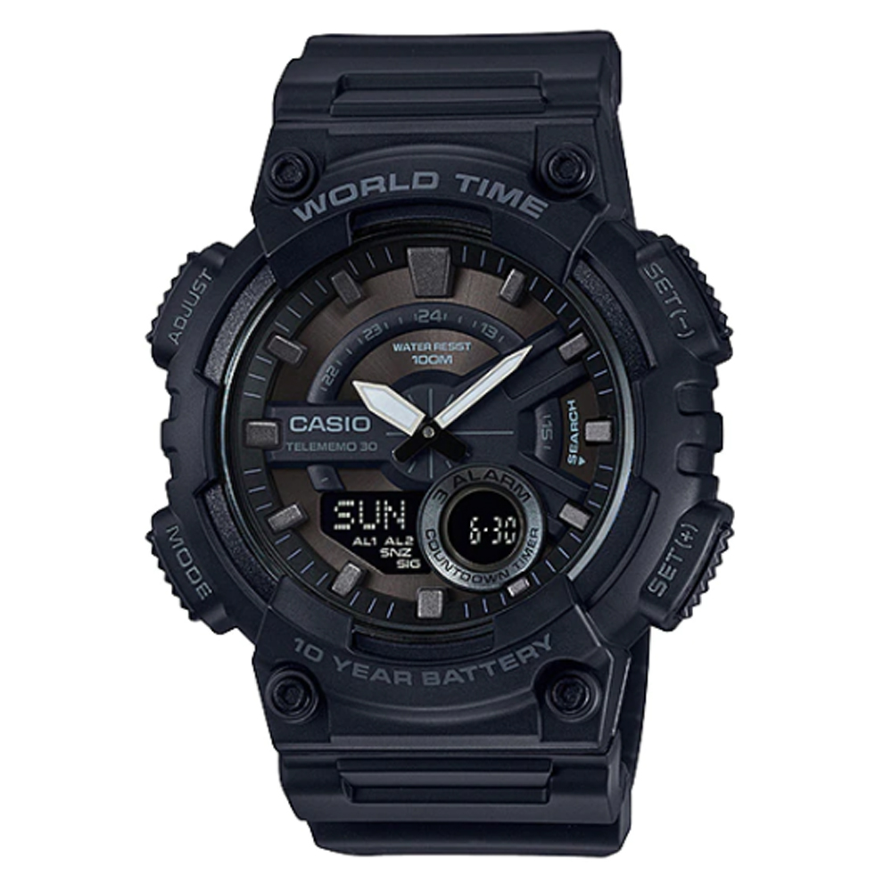 【CASIO】世界時間雙顯錶-黑X古銅刻度(AEQ-110W-1B)